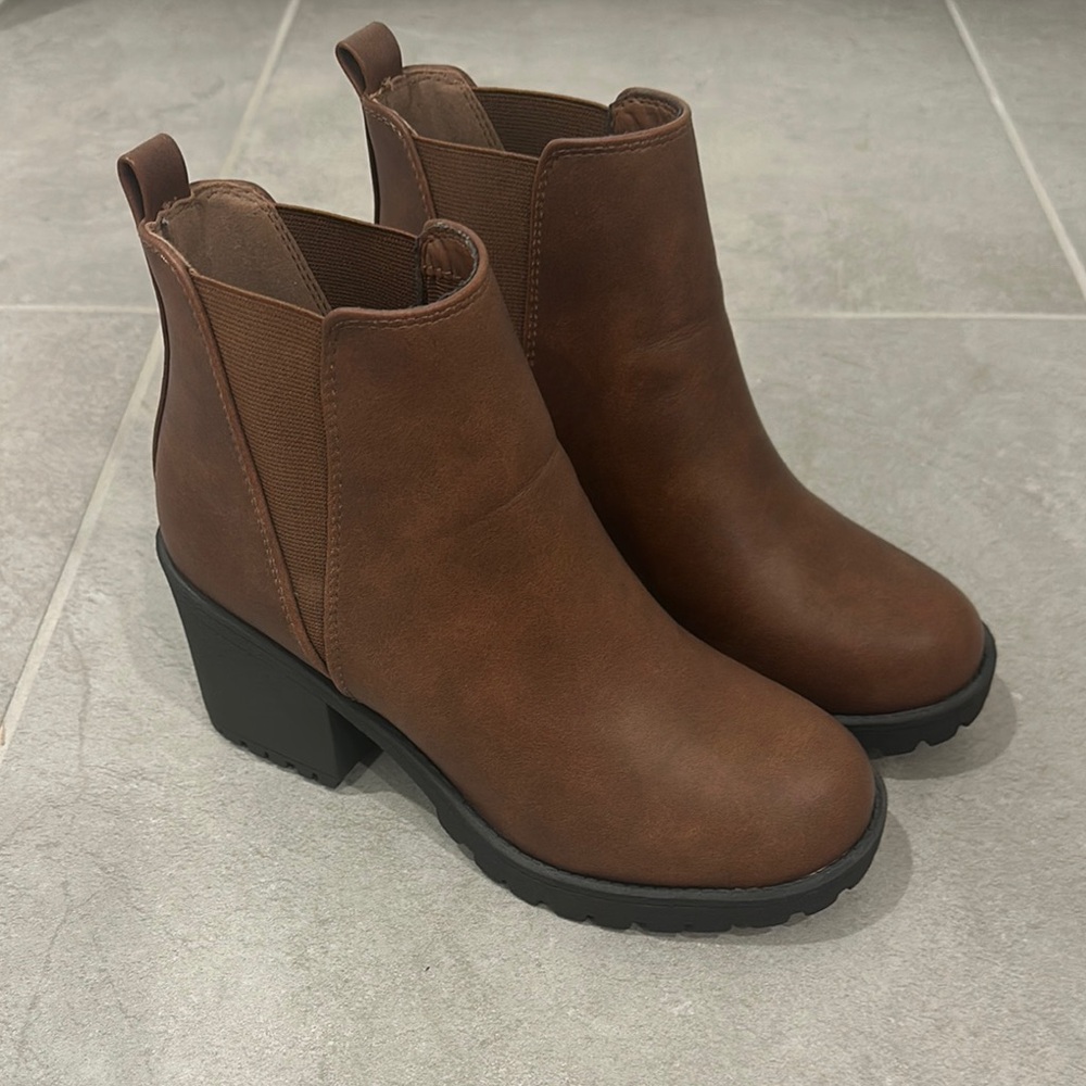 Soda Brown Ankle Booties with Chunky Heel